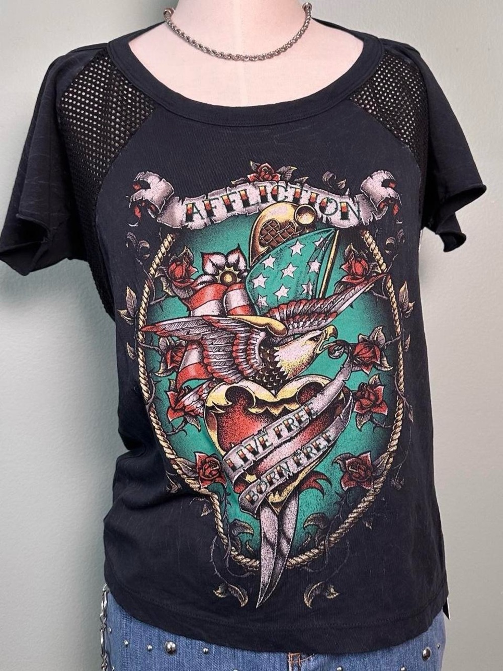 Affliction Vintage y2k Cut Out Grunge Mesh Graphic Top
